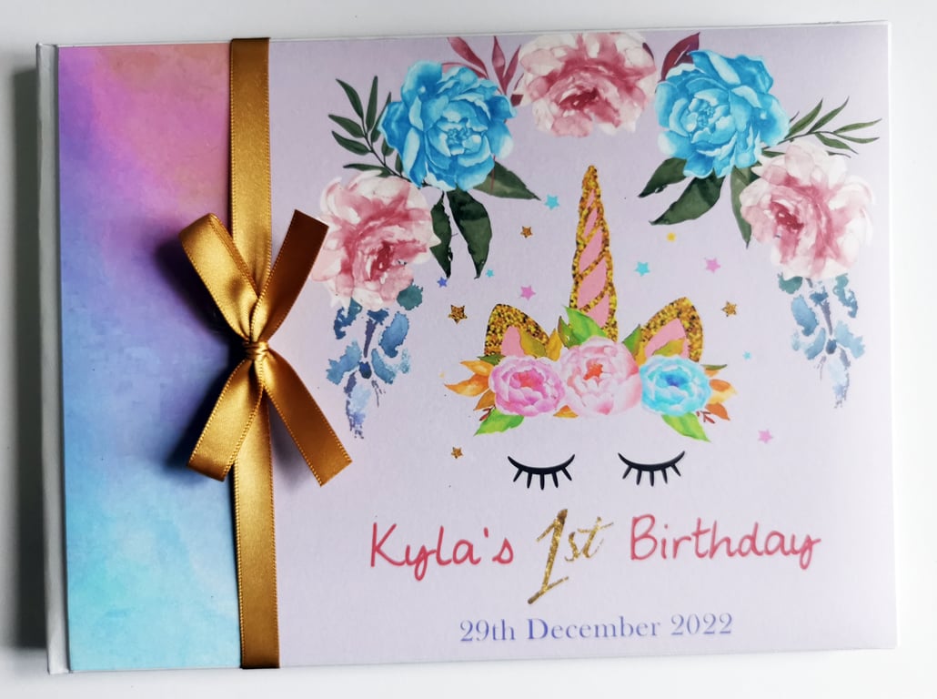 Sleeping unicorn birthday guest book, pink, blue and gold unicorn birthday 