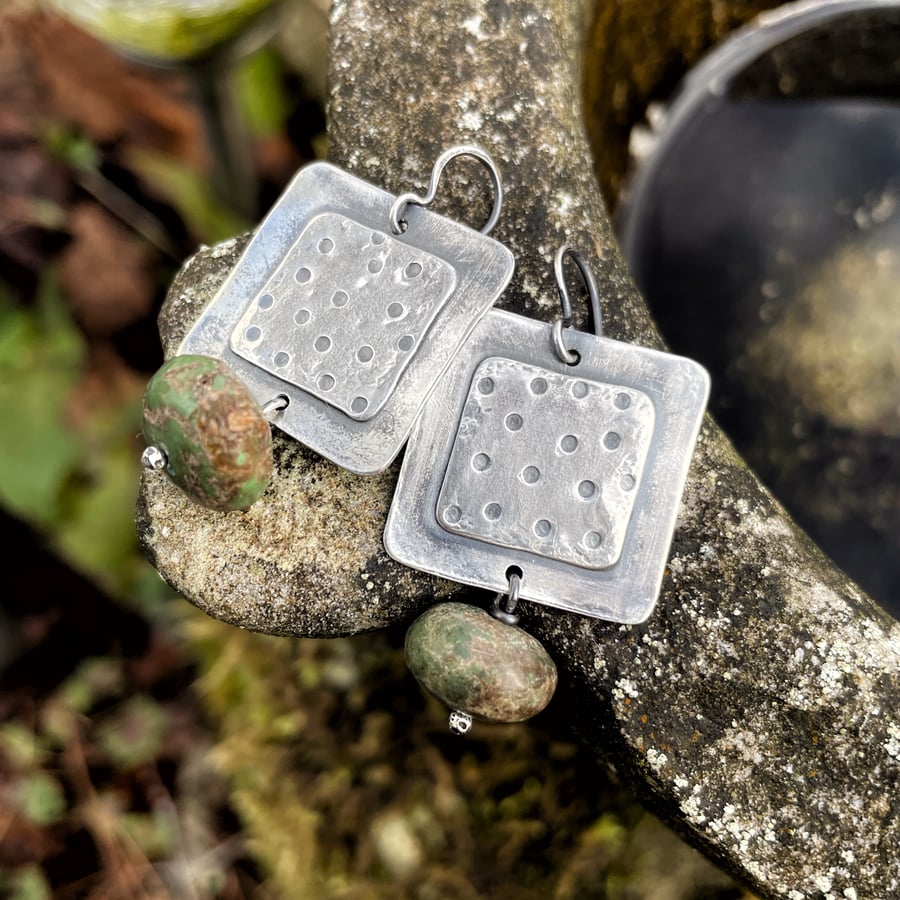 Sterling silver large square earrings with earthy turquoise dangles.