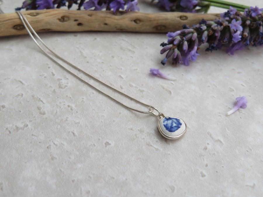 Seaham Beach Pottery Necklace Blue and White
