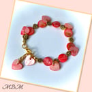 Salmon Pink & Gold Mother of Pearl Heart Bracelet