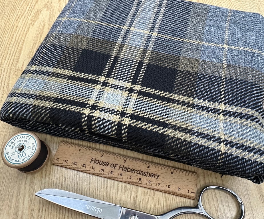 Grampian 'Beagle' Black & Grey Tartan Check Faux Wool Upholstery Fabric