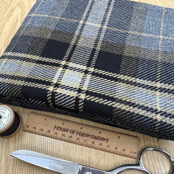 Grampian 'Beagle' Black & Grey Tartan Check Faux Wool Upholstery Fabric