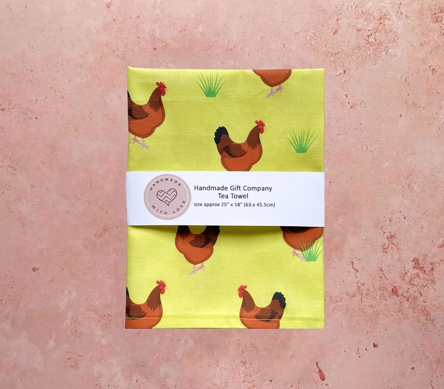 Fabric Handmade Pretty Cotton Tea Towel with a Hen Design in Yellow