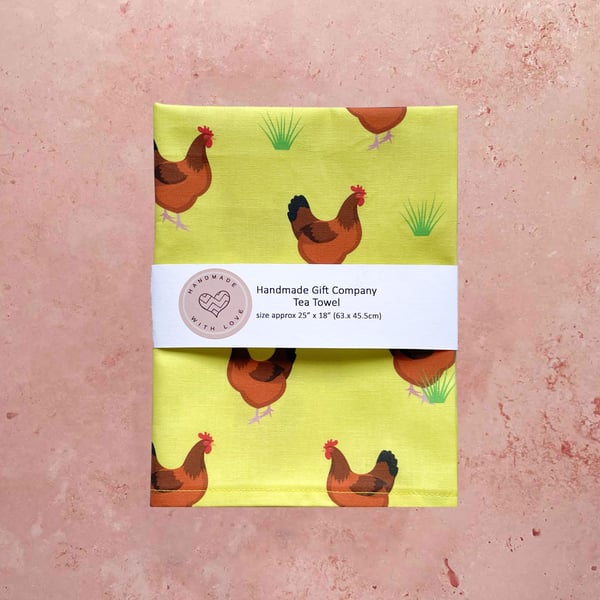 Fabric Handmade Pretty Cotton Tea Towel with a Hen Design in Yellow