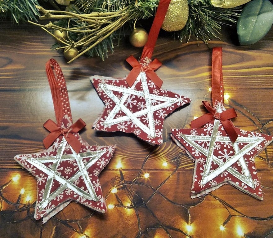 Christmas Tree Decoration, Red Silver Star, Hanging Ornament