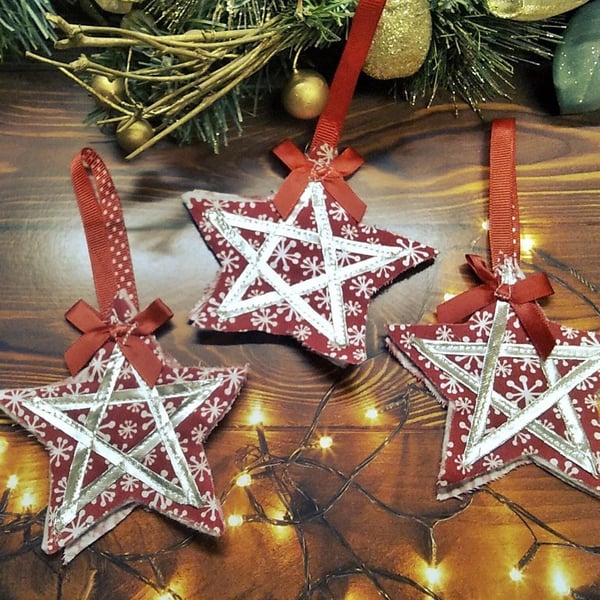 Christmas red and silver star tree decoration, Set of 3 Reusable Fabric Ornament