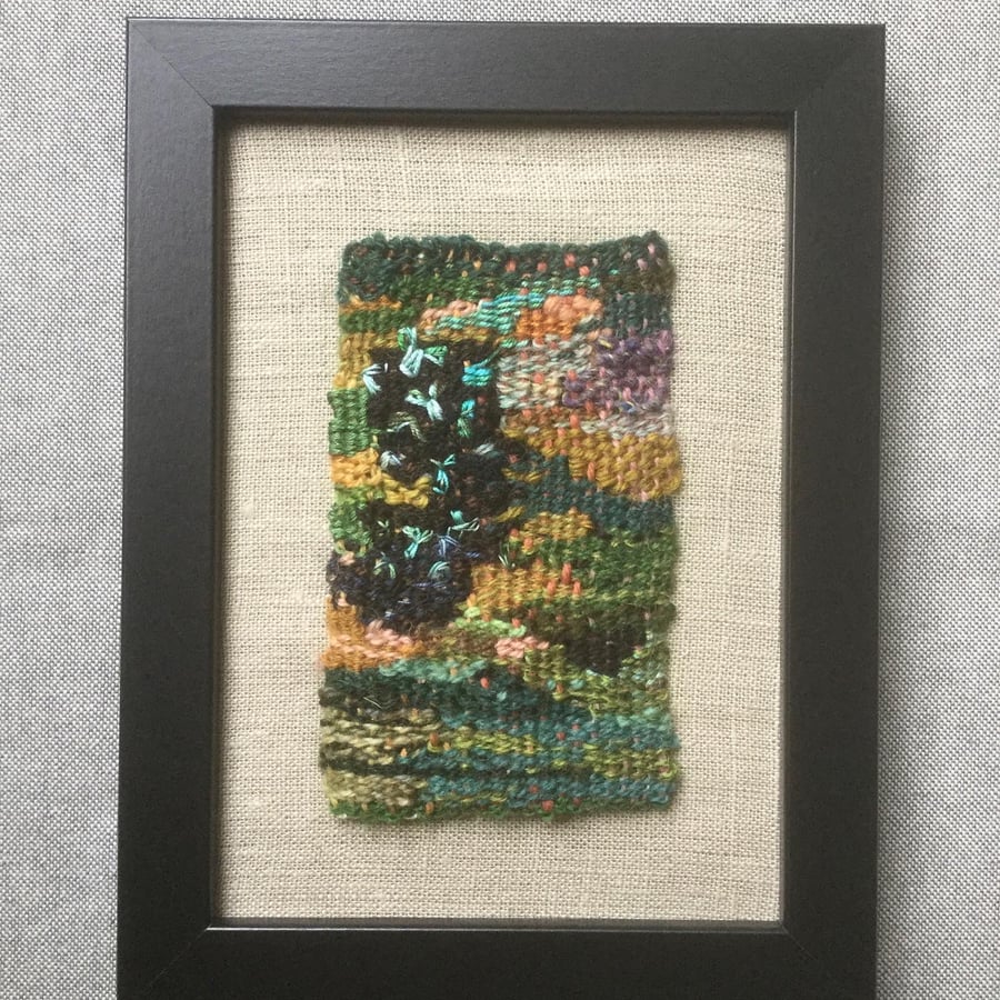 Framed handwoven tapestry weaving, textile wall art in shades of green