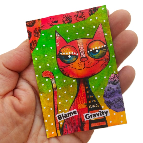 Funny Miniature Cat Art Trading Card ACEO Original Quirky Colorful Kitty Artwork