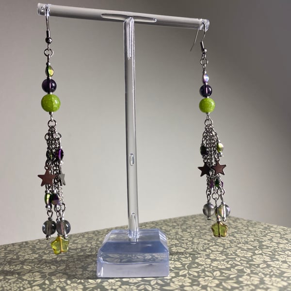 Adalee - Purple and Green Star Earrings 