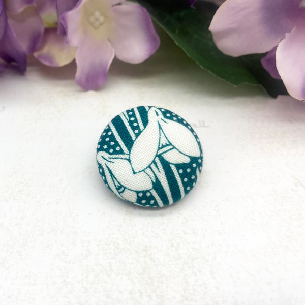 Snowdrop fabric button brooch in teal and white Liberty print Art Nouveau style 