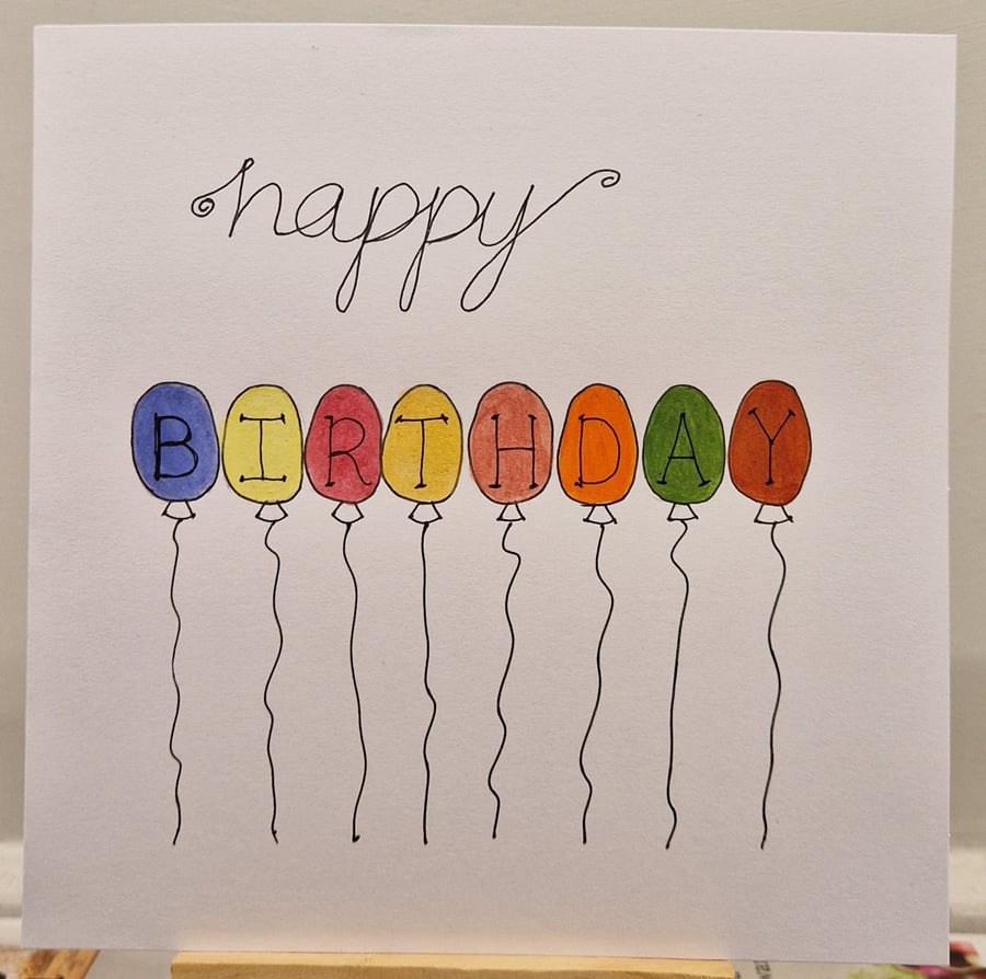 Colourful balloons Happy Birthday handmade card watercolours 