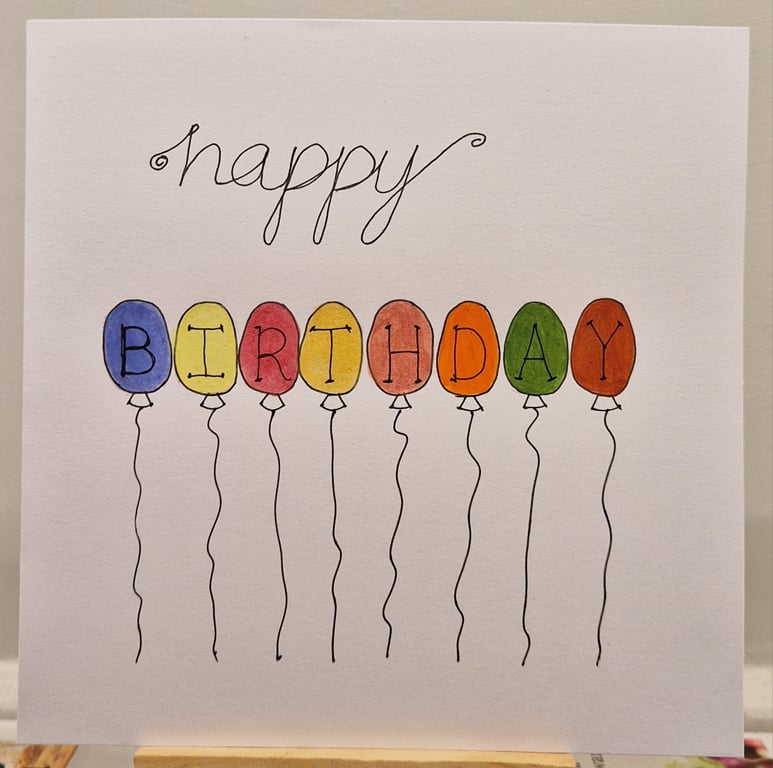 Colourful balloons Happy Birthday handmade card watercolours 