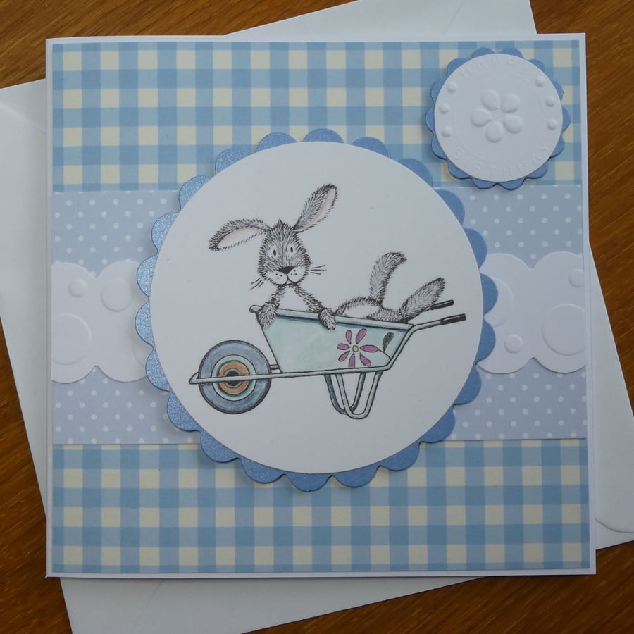 Happy Birthday Card - Rabbit in Wheelbarrow
