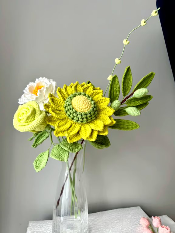 Green Flower Bouquet Crochet Olive Branch Sunflower Bouquet