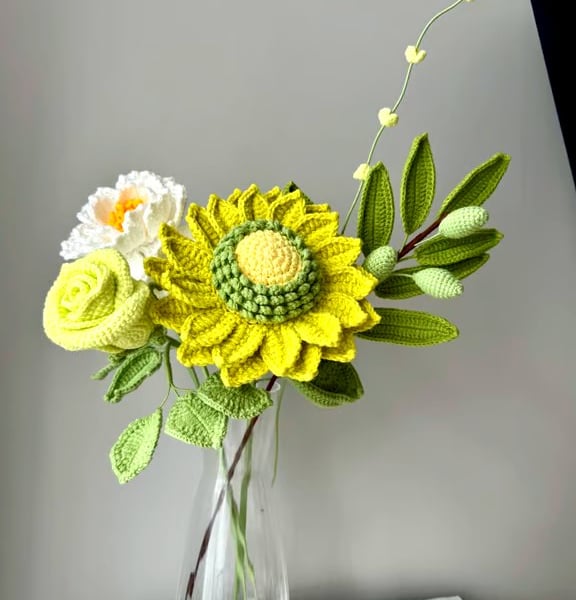 Green Flower Bouquet Crochet Olive Branch Sunflower Bouquet