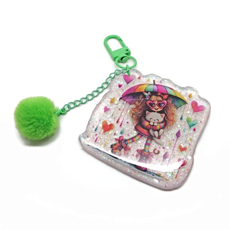 Rainbow Bag Charm, Handmade in Resin with PomPom