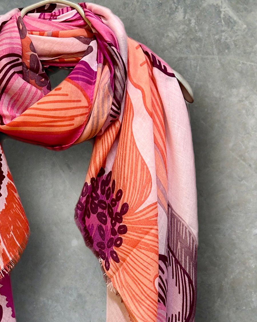 Stunning Pink Scarf Featuring Huge Sketched Flowers for Women,Great Gift for Her