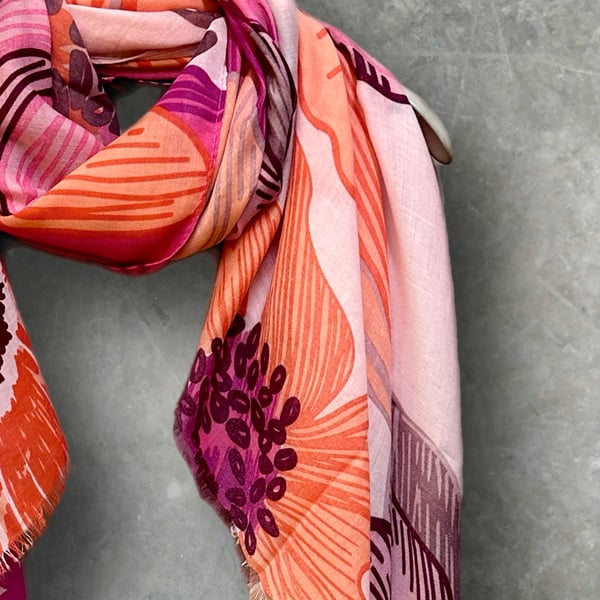 Stunning Pink Scarf Featuring Huge Sketched Flowers for Women,Great Gift for Her
