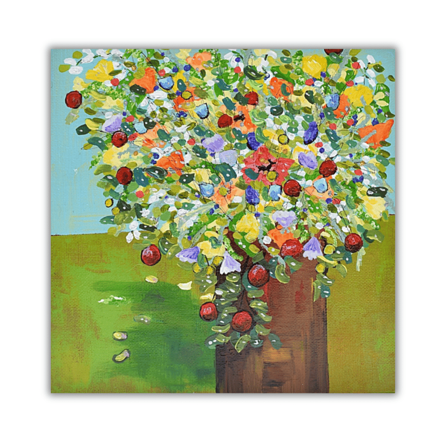 A colourful pot of spring flowers - a framed acrylic painting on canvas