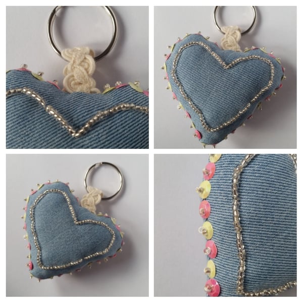 Keyring beaded heart in pink and yellow, upcycled. 