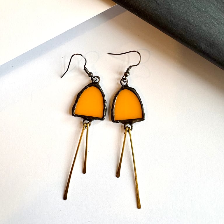 Marigold yellow statement earrings with hammered brass accents, valentines gift