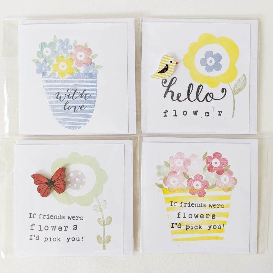 Set of 4 Mini Stamped Cards Friend Birds Flowers