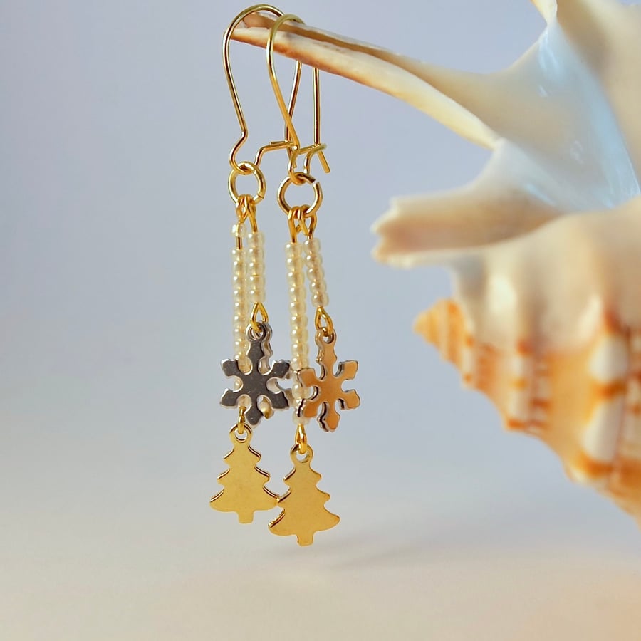 Christmas Earrings, Gold Tree & Silver Snowflake, Secret Santa, Stocking Filler