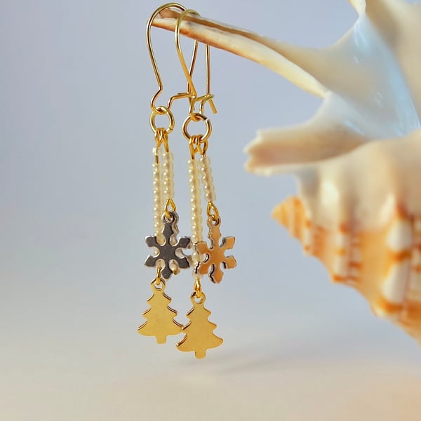 Christmas Earrings, Gold Tree & Silver Snowflake, Secret Santa, Stocking Filler