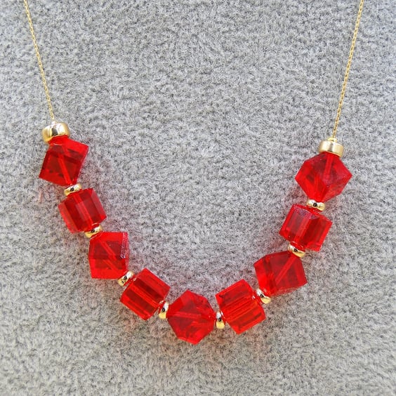Red Austrian Crystal cubes and gold bead necklace