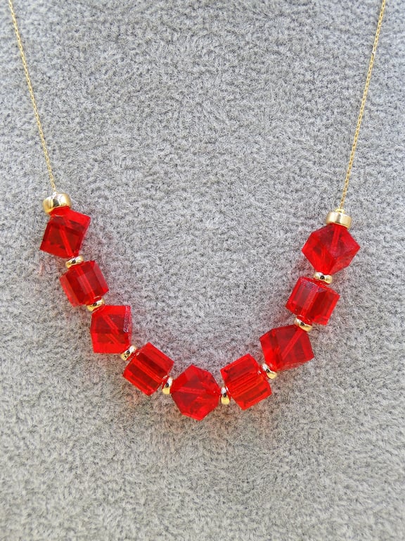 Red Austrian Crystal cubes and gold bead necklace