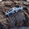 Hair comb in dark blue, silver & white glass pearls