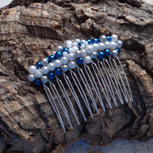Hair comb in dark blue, silver & white glass pearls