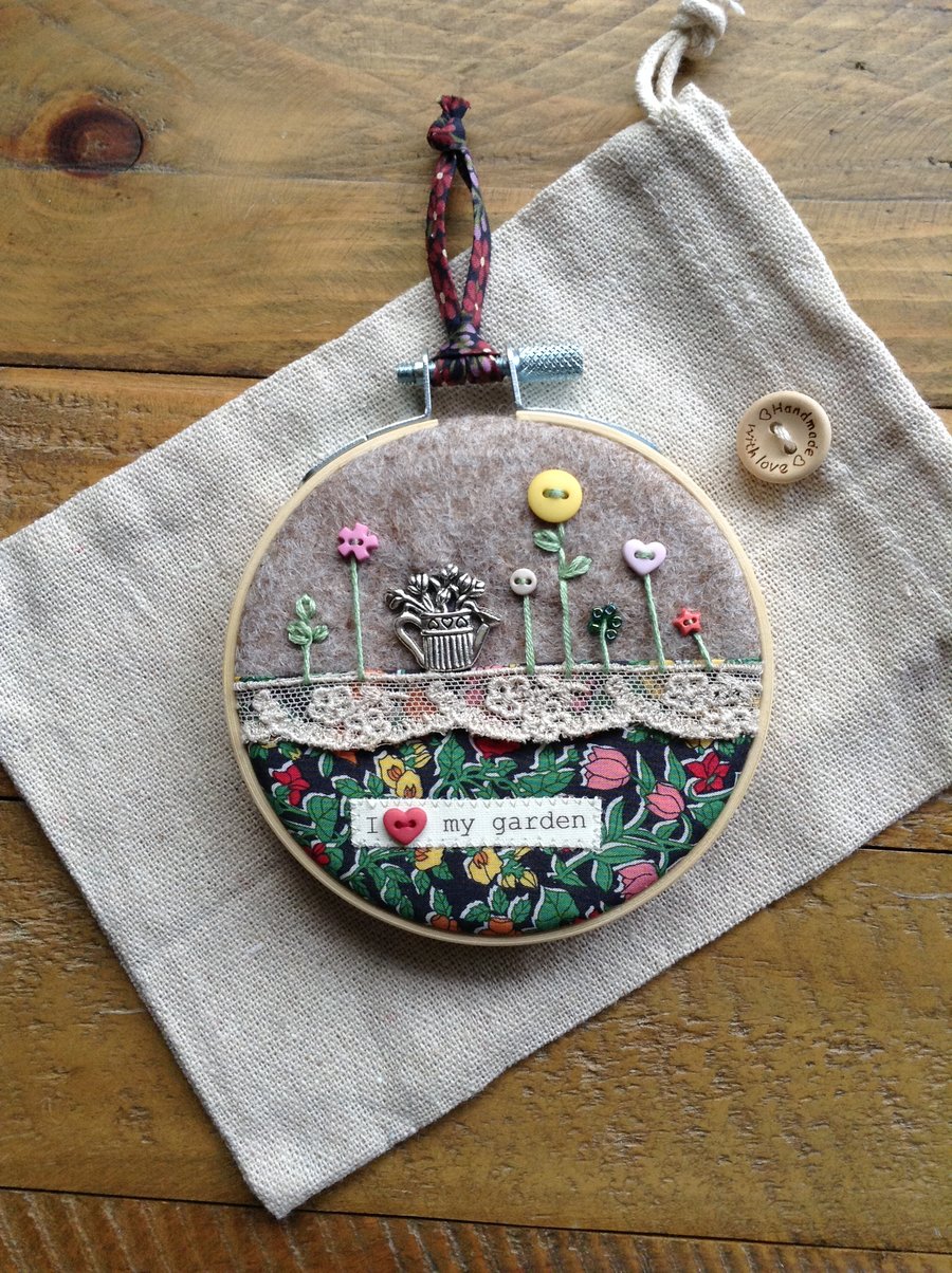 Liberty fabric felt button garden embroidery hoop art