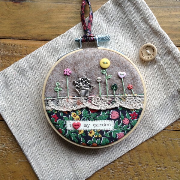Liberty fabric felt button garden embroidery hoop art