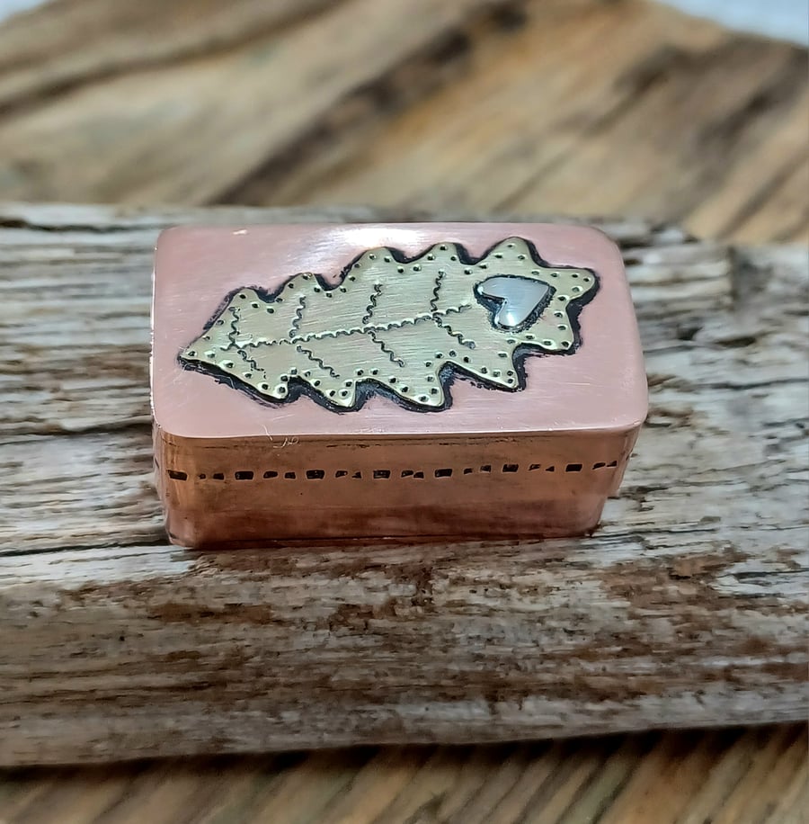 Copper box, miniature collectable, copper, silver and brass stylised oak leaf