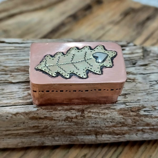 Copper box, miniature collectable, copper, silver and brass stylised oak leaf