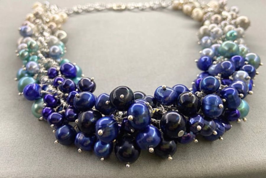 Blue, Silver & Ivory Ombré Cultured Pearl Bubble Cluster Diamond-Cut Necklace 