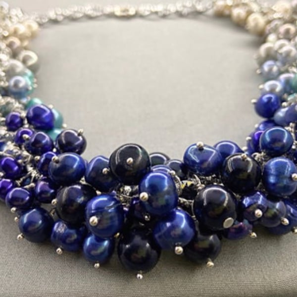 Blue, Silver & Ivory Ombré Cultured Pearl Bubble Cluster Diamond-Cut Necklace 