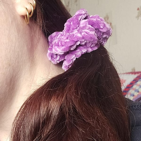 Handmade Plush Crochet Scrunchie Soft Textured Hair Tie Purple Hair Accessory 