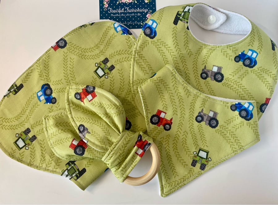 Four piece tractor baby set - two bibs, shaped burp cloth & bunny eared teether 