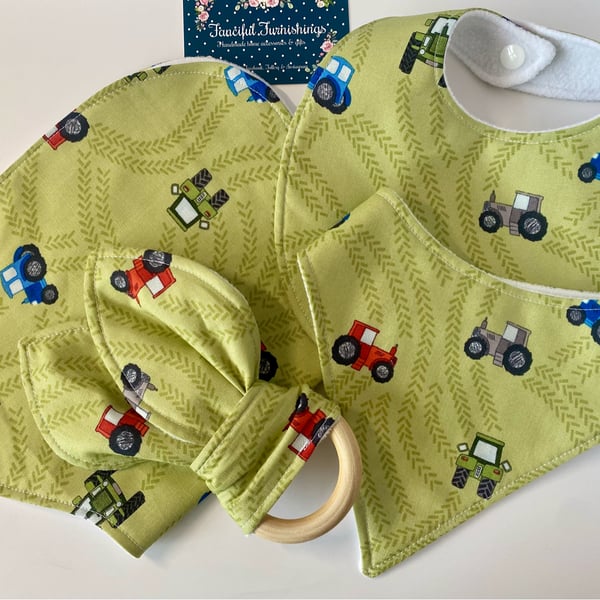 Four piece tractor baby set - two bibs, shaped burp cloth & bunny eared teether 