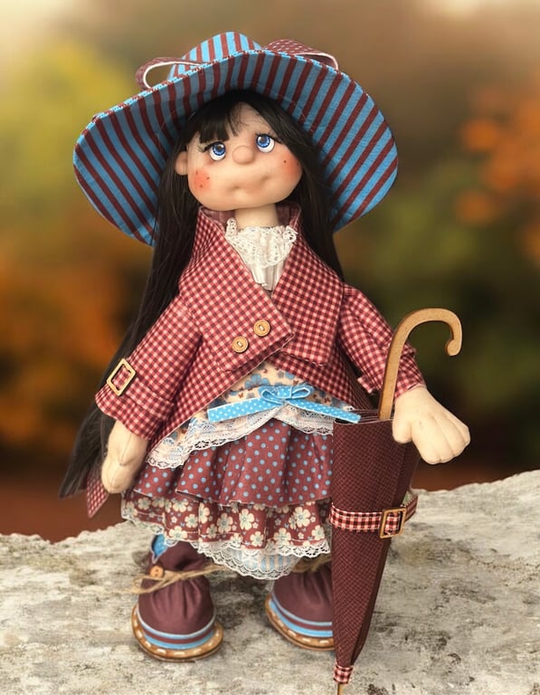 OOAK Unique Handmade Rag Doll Soft Toy with Umbrella