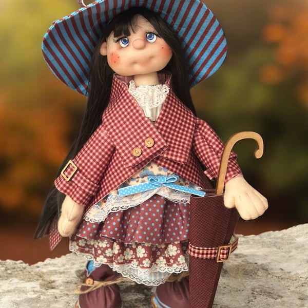 OOAK Unique Handmade Rag Doll Soft Toy with Umbrella