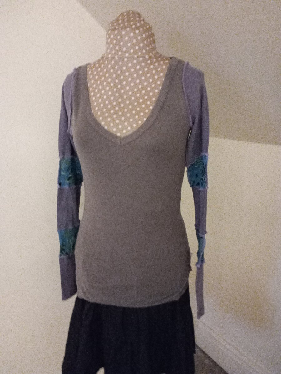 Whimsical Faerycore top with long patchwork sleeves