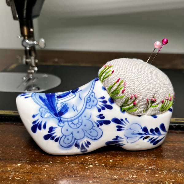 Pin cushion - blue and white hand painted clog embroidered with bee and flowers