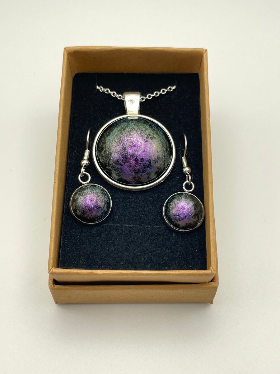 Galaxy effect necklace and earring set