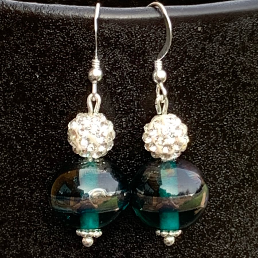 sterling silver - artisan lampwork glass & rhinestone - dangle earrings 