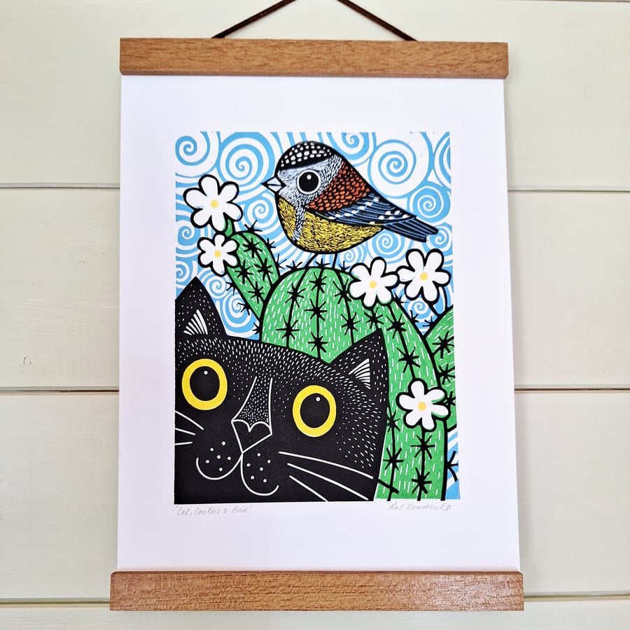 Cat, Cactus and Bird, multiblock linocut print