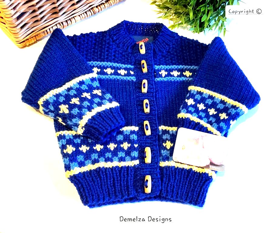 Toddler's Hand Knitted Fairisle Aran  Cardigan  with Merino Wool  1 -2 Years 