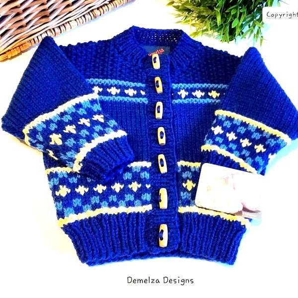 Toddler's Hand Knitted Fairisle Aran  Cardigan  with Merino Wool  1 -2 Years 